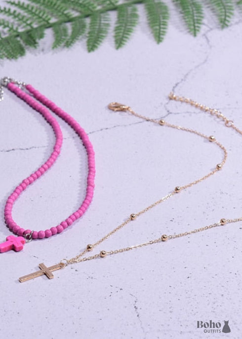 Boho Necklace, Seed Bead Choker, 2 Layers Double Cross